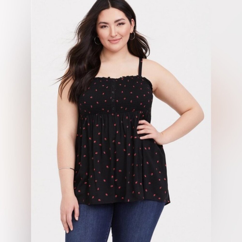 Torrid Strawberry Print Babydoll Challis Smocked Cami Tank 12